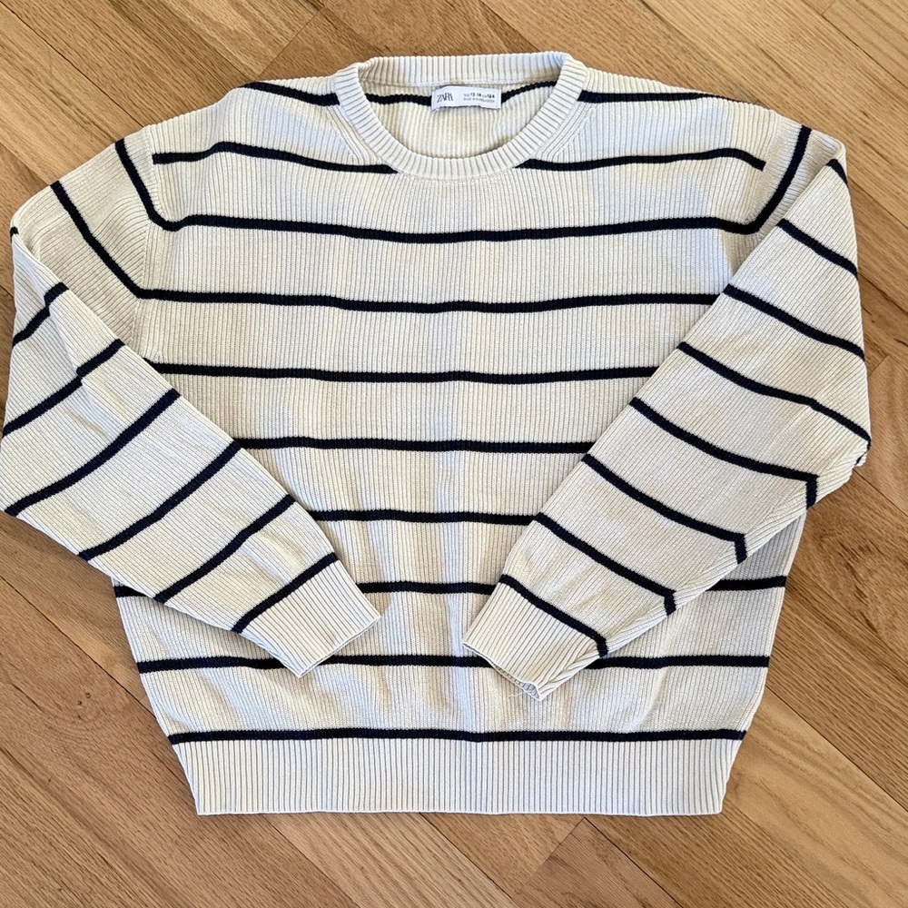 Zara Cream/ Navy cotton knitted Striped Crewneck Sweater Girls sz 13-14/EUR 164
